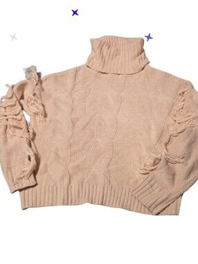 Vtg Fringed Jr Xl Turtleneck Cable Knit Sweater in Peach